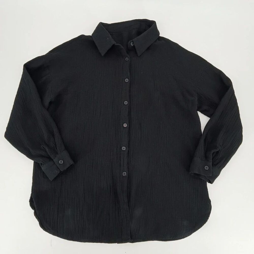 Gauze Button Up 100% Cotton - Black Quiet Luxury 3/4 sleeve Shirt Size Small